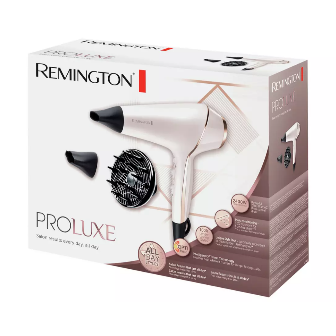 Remington ProLuxe Hair Dryer Ionic 2400W OptiHeat Technology 2 Attachments